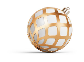 Gold and white unusual Christmas ball turned to right. New Year tree toy decoration Isolated on transparent background. 3D render