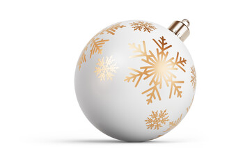 Gold and white Christmas ball with snowflake ornament turned to right. New Year tree toy decoration Isolated on transparent background. 3D render