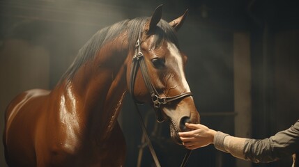 A stable hand brushes a horse's coat, creating a shining and sleek appearance. - obrazy, fototapety, plakaty