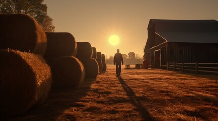 A stable hand carries a bale of hay to the barn, the early morning light casting long shadows. - obrazy, fototapety, plakaty