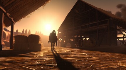A stable hand carries a bale of hay to the barn, the early morning light casting long shadows. - obrazy, fototapety, plakaty
