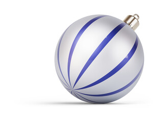 Obraz premium Blue and silver Christmas ball turned to right. New Year tree toy decoration Isolated on transparent background. 3D render