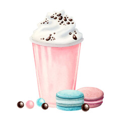 Pink milkshake with whipped cream, macaroons and round candies watercolor illustration isolated on white background. Cold summer drink in plastic cup with delicious dessert