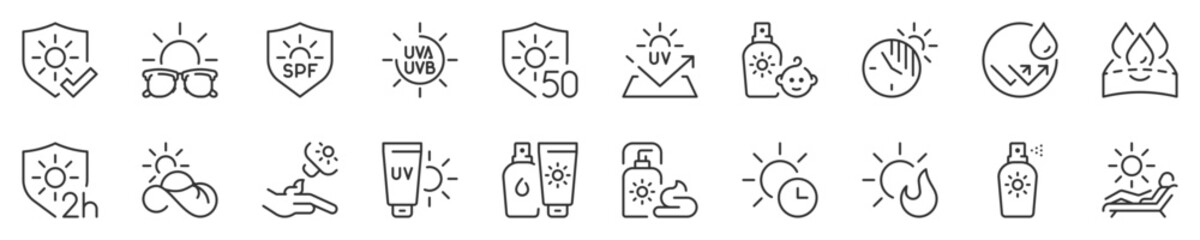 Sun protection, thin line icon set. Symbol collection in transparent background. Editable vector stroke. 512x512 Pixel Perfect.