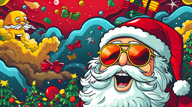 Vibrant Pop Art Santa Illustration- Festive banner and background, bringing Christmas joy with lively colors and artistic flair.