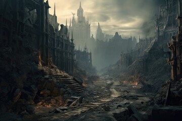 post apocalyptic ruined city with dark destroyed buildings and roads - obrazy, fototapety, plakaty