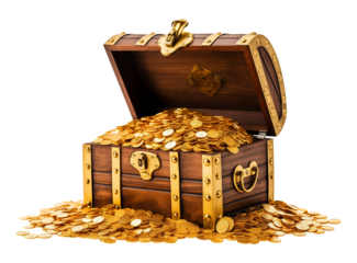 Treasure Chest Full of Gold Coins Isolated on Transparent Background
