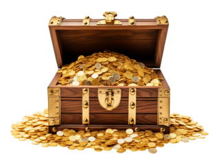 Treasure Chest Full of Gold Treasure Isolated on Transparent Background
