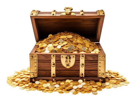 Treasure Chest Full of Gold Treasure Isolated on Transparent Background
