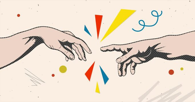 Adam and God hands in a modern collage style. 2D animation