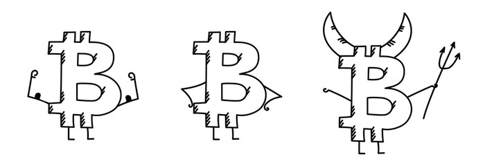 Set of Bitcoin symbols with arms and legs in different moods. Doodle character.