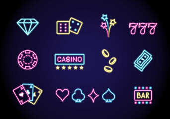 Neon poker icons. Casino icons for slot machine. Set of glowing neon gaming icons. Slot neon signs. Casino and gambling signs, coins and online casino icons for slot machine bar. Illustration