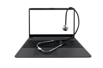 Laptop with a blank screen and a medical stethoscope on a transparent background. Medical consultation concept