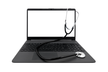 Laptop with a blank screen and a medical stethoscope on a transparent background. Medical consultation concept