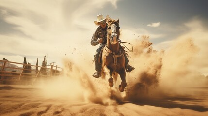 Amidst a dusty rodeo arena, a talented rider showcases incredible horseback riding skills. - obrazy, fototapety, plakaty