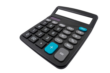 Top view of a digital calculator with a blank screen (close-up) on a transparent background. Arithmetic device