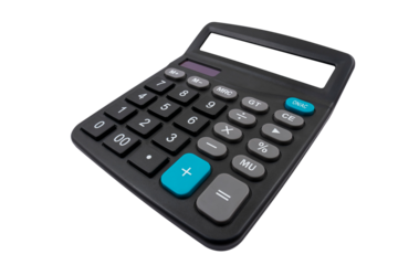 Top view of a digital calculator with a blank screen (close-up) on a transparent background. Arithmetic device