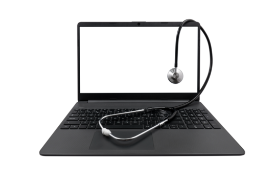 Laptop with a blank screen and a medical stethoscope on a transparent background. Medical consultation concept