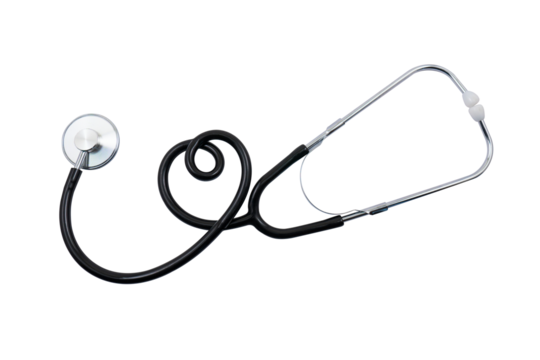 Stethoscope twisted in the shape of a heart on a transparent background. Medical diagnostic concept