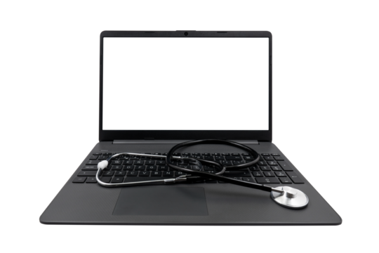 Laptop with a blank screen and a medical stethoscope on a transparent background. Medical consultation concept