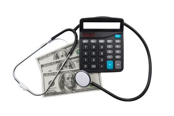Medical stethoscope, calculator and money (dollars) on a transparent background. Paid medicine concept