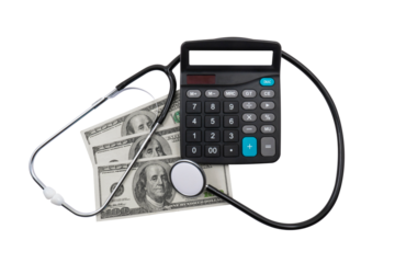 Medical stethoscope, calculator and money (dollars) on a transparent background. Paid medicine concept