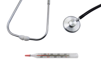 Medical stethoscope and mercury thermometer on a transparent background. Medical diagnostic concept