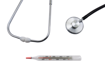 Medical stethoscope and mercury thermometer on a transparent background. Medical diagnostic concept