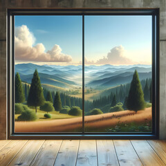A landscape nature view seen from a window. The image captures the expansive view of a natural landscape through the window frame. 