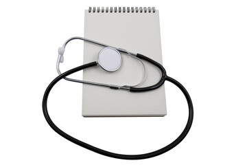 Stethoscope and blank notepad on a transparent background. Medical diagnostic concept