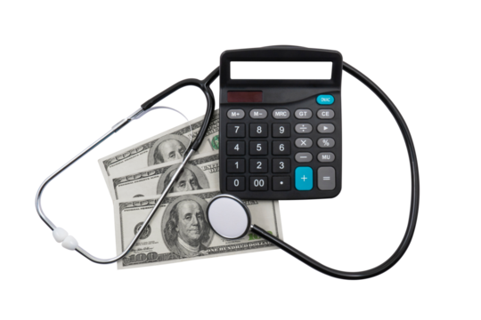 Medical stethoscope, calculator and money (dollars) on a transparent background. Paid medicine concept