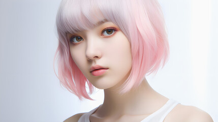 Portrait of Japanese young woman in yume kawaii style, dreamy style in pink colors.