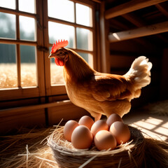 Portrait of a red hen with eggs. AI