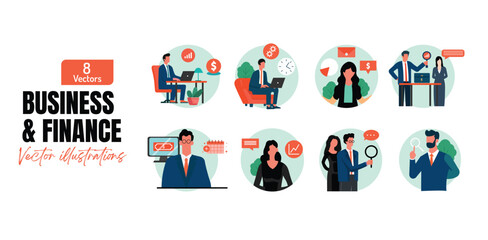 Template of business and marketing concept illustrations. Vector illustrations depict people engaged in various business activities such as management, payment, market research, data analysis.