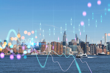 New York City skyline from Brooklyn, Williamsburg over the East River, Manhattan skyscrapers at day time, USA. Forex candlestick graph hologram. The concept of internet trading, brokerage, analysis - obrazy, fototapety, plakaty