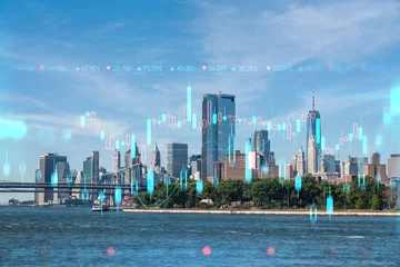 Foto op Canvas Brooklyn and Manhattan bridges with New York City financial downtown skyline panorama at day time over East River. Forex graph. The concept of internet trading, brokerage and fundamental analysis © VideoFlow