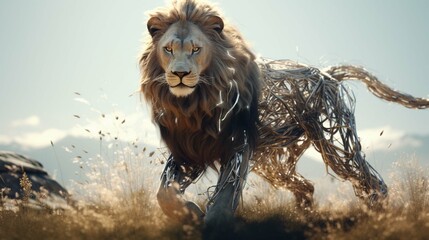 A large, powerful lion was striding powerfully across the prairie, surrounded by an open meadow and trees dotted with flowers, diamond wire photography,
