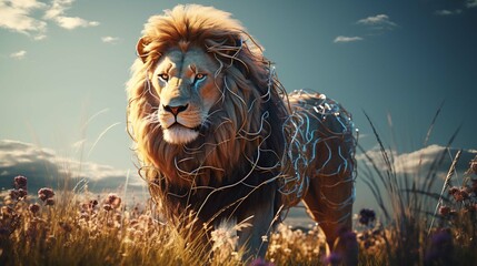 A large, powerful lion was striding powerfully across the prairie, surrounded by an open meadow and...