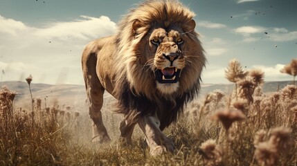 A magnificent lion is running on the grassy prairie, reflection photography - obrazy, fototapety, plakaty