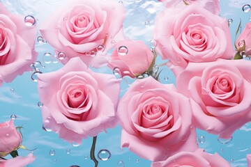a group of pink roses with water drops
