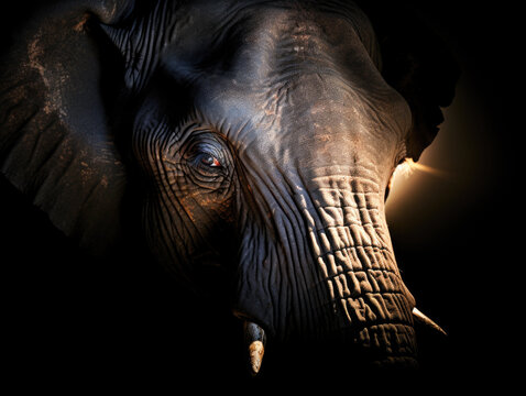 Play of light and shade in the close-up of the elephant head, night photography with careful framing and graceful balance.