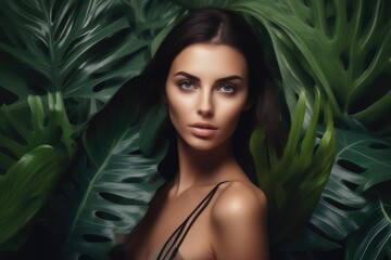 Portrait of beautiful young woman surrounded by tropical leaves. Beauty, fashion