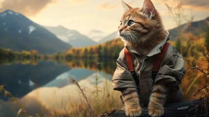 Cat in nature explorer overalls, wildlife on the background - obrazy, fototapety, plakaty