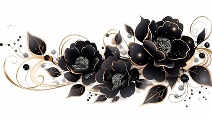 Clip art illustration of haunted black flowers with glitter on a white background: