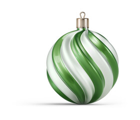 Green and silver Christmas ball with curved sides. New Year tree toy decoration Isolated on transparent background. 3D render