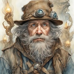 cartoon character of the old man in the mountains. cartoon character of the old man in the mountains. fantasy illustration with a man in a hat and smoking pipe