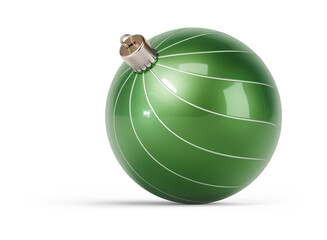 Green and silver stylish Christmas ball turned to left. New Year tree toy decoration Isolated on transparent background. 3D render