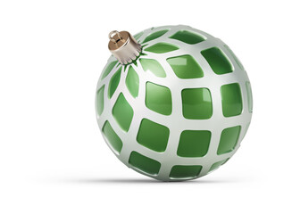 Green and silver unusual Christmas ball turned to left. New Year tree toy decoration Isolated on transparent background. 3D render