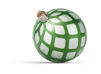 Green and silver unusual Christmas ball turned to left. New Year tree toy decoration Isolated on transparent background. 3D render