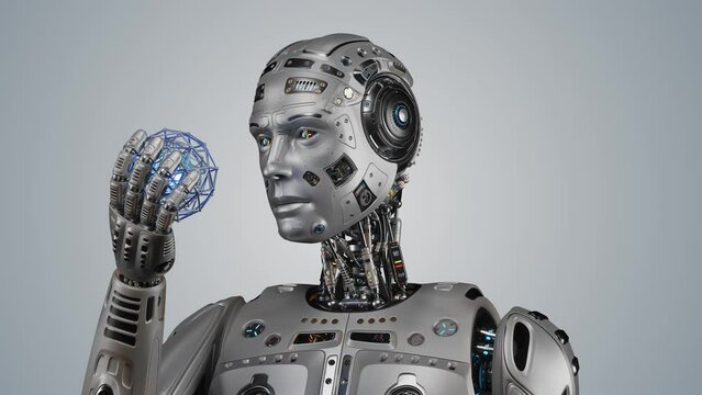 Very detailed futuristic robot man or humanoid cyborg holds a mysterious rotating sphere with blue light ball inside. 3d rendering animation isolated on color background with alpha